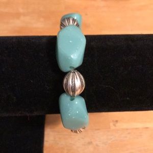 Turquoise and silver color beaded stretch bracelet Southwestern style